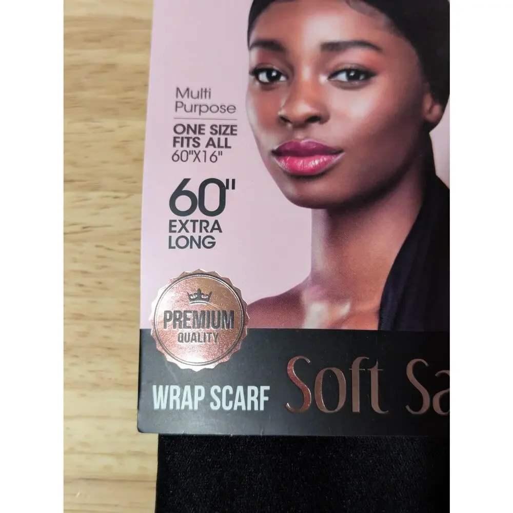 Kiss‎ Soft Satin Wrap Scarf Black 60x16in Extra Long Hair Cover Multi-Purpose OS